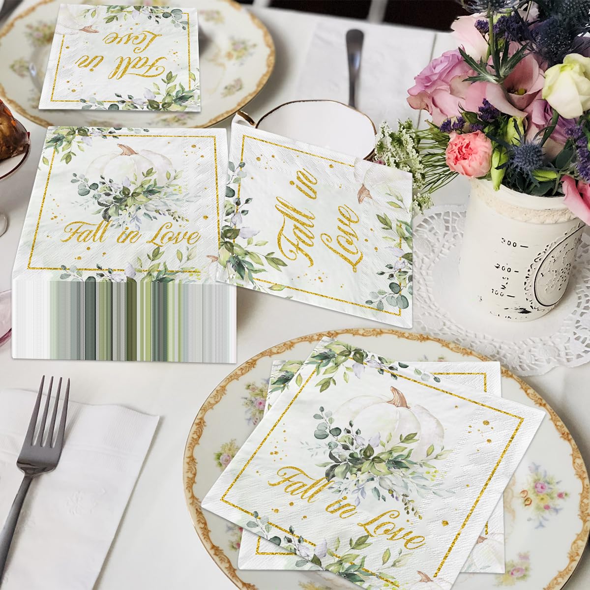 40Pcs Fall In Love Napkins-Fall Bridal Shower Decorations, Disposable Green Pumpkin Paper Fall Wedding Shower Dinner Napkins For