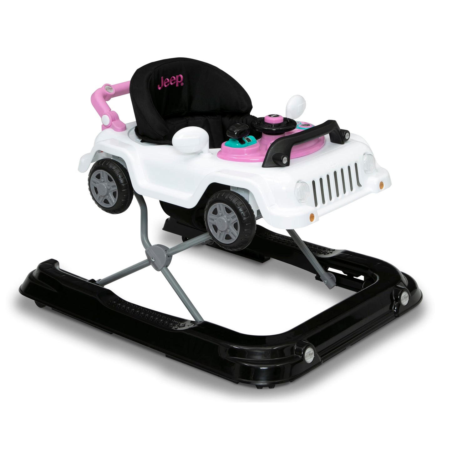 Delta Children Jeep Classic Wrangler 3-in-1 Activity Walker, Music & Lights, Push Walker & Rolling Car Toy, White/Pink