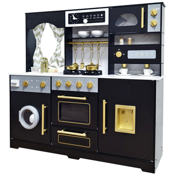 Wooden Play Kitchen Set with Ice Maker, Water Dispenser, Coffee Maker,Big Toddler Toy Kitchens Playset with Washing Machine,Sink