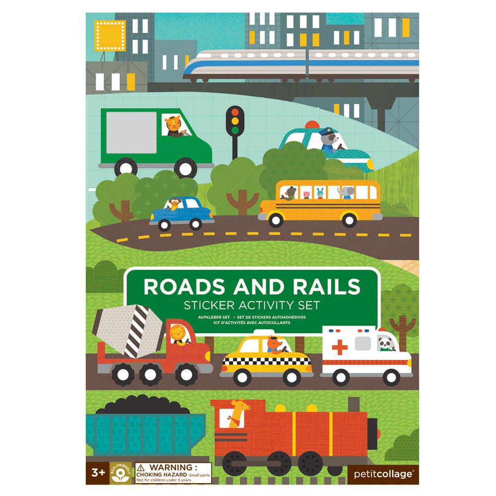 Petit Collage Sticker Activity Book, Roads and Rails - Giant Fold Out Sticker Book for Kids, Includes Over 100 Reusable Stickers