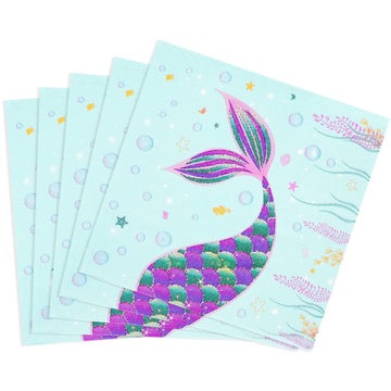 Wernnsai 50Pcs Mermaid Party Napkins - Mermaid Birthday Party Decorations Kids Princess Birthday Paper Napkins Disposable 3-Ply Tails Dinner Napkins For Girls Birthday Under The Sea Pool Party