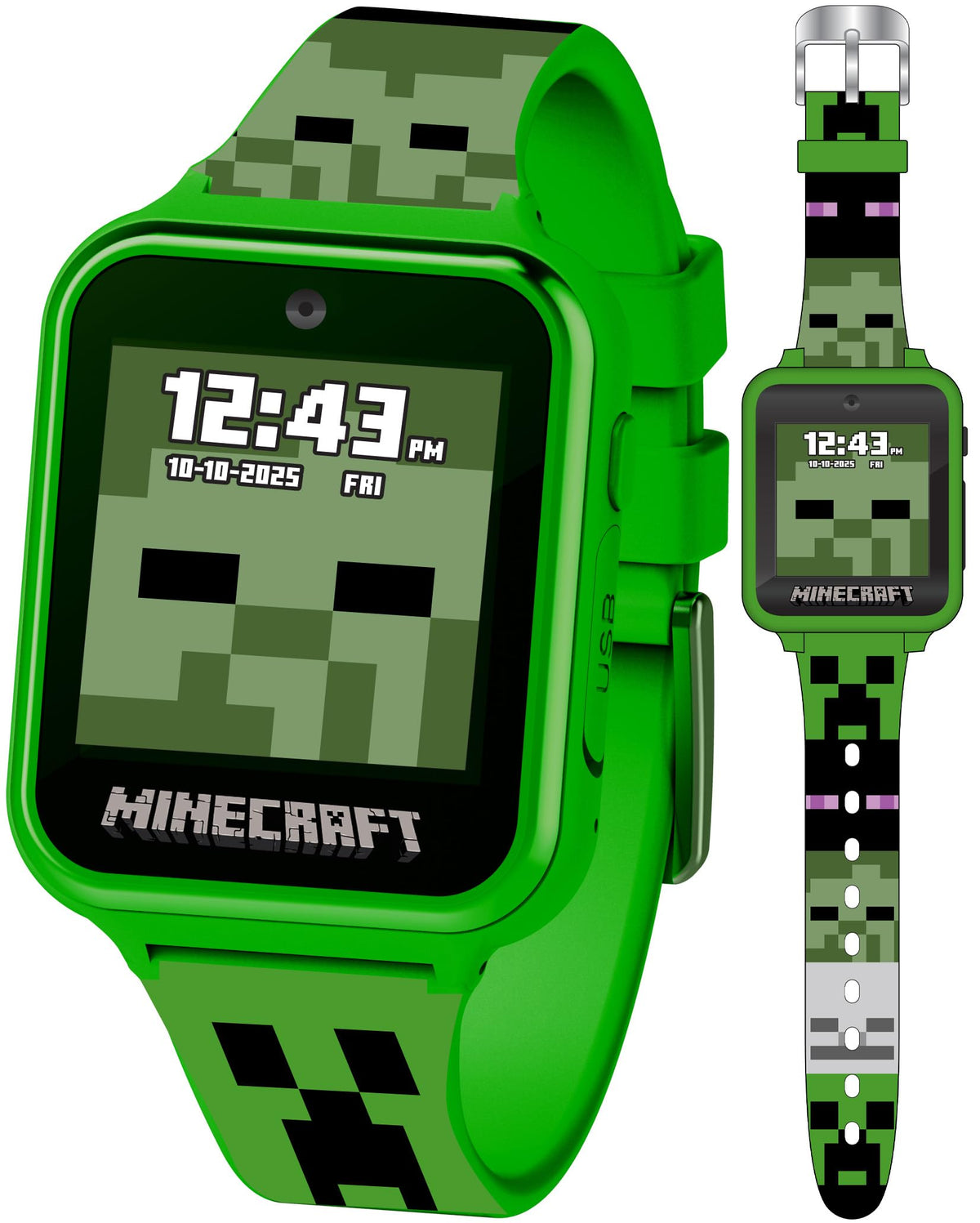 Accutime Minecraft Kids Green Educational Learning Touchscreen Smart Watch Toy for Girls, Boys, Toddlers  Selfie Cam, Learning 