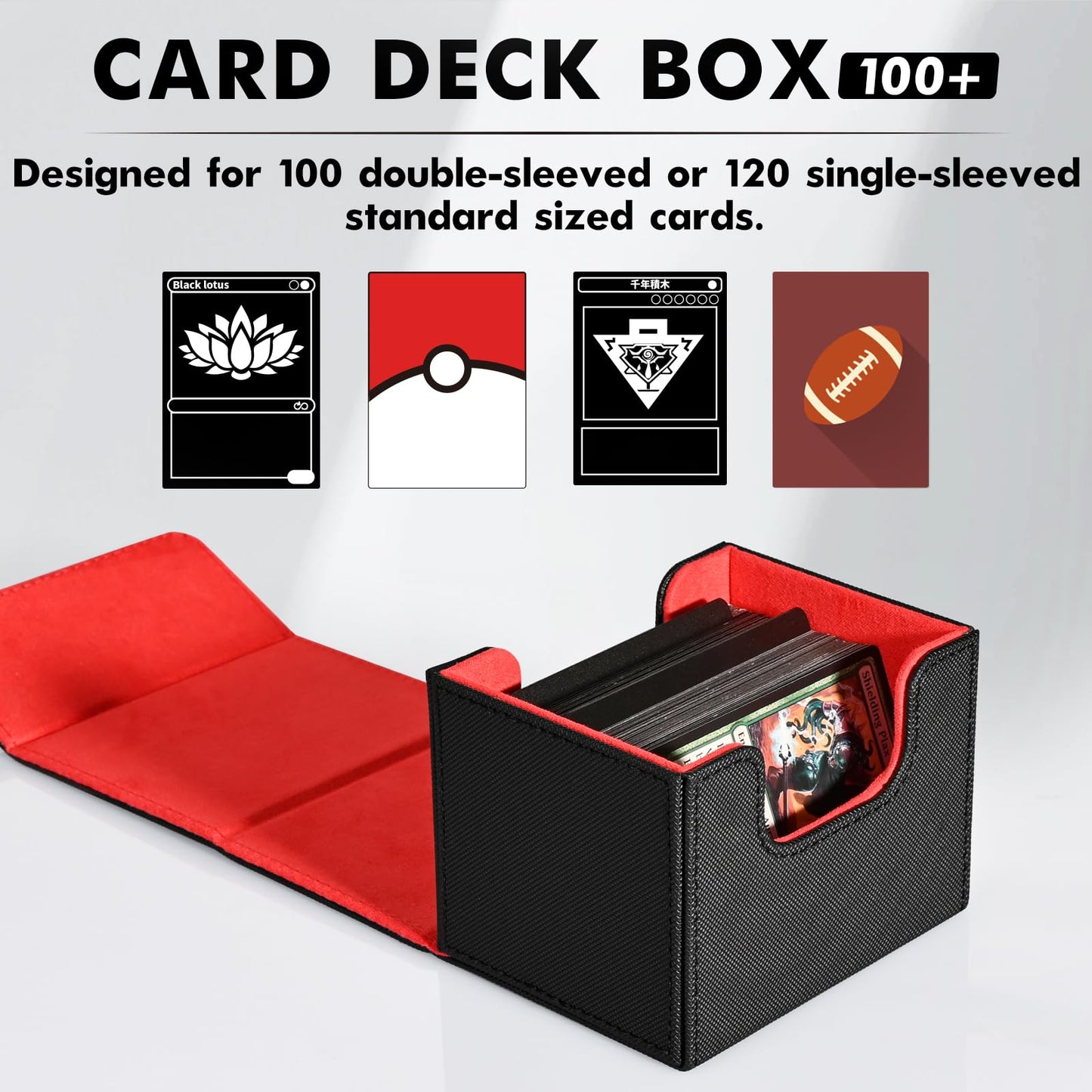 ZLCA Trading Card Deck Box - Faux Leather, Holds 120+ Single Sleeved Cards, Horizontal Size, Black & Red
