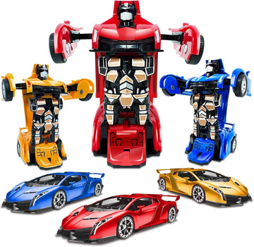 AMENON 3 Pack Transform Toys Robot Car Toys for Boys, 1:36 Automatic Deformation Push and Go Vehicle Toy Race Car for Kids Chris