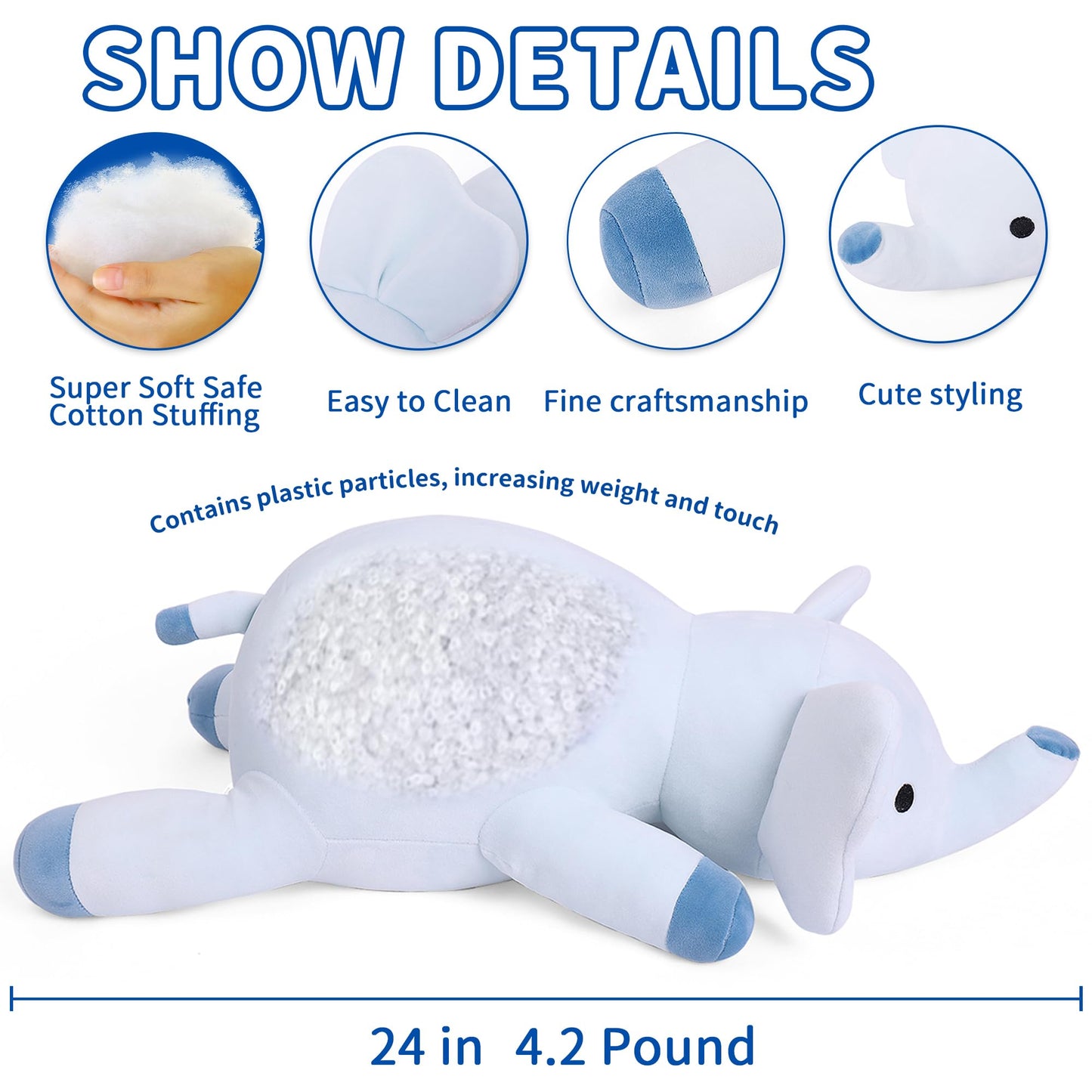 WeBingo 24" Weighted Elephant Plush Toy, 4.2 Lb Cotton Stuffed Animal, Cute Giant Gift for Kids & Adults
