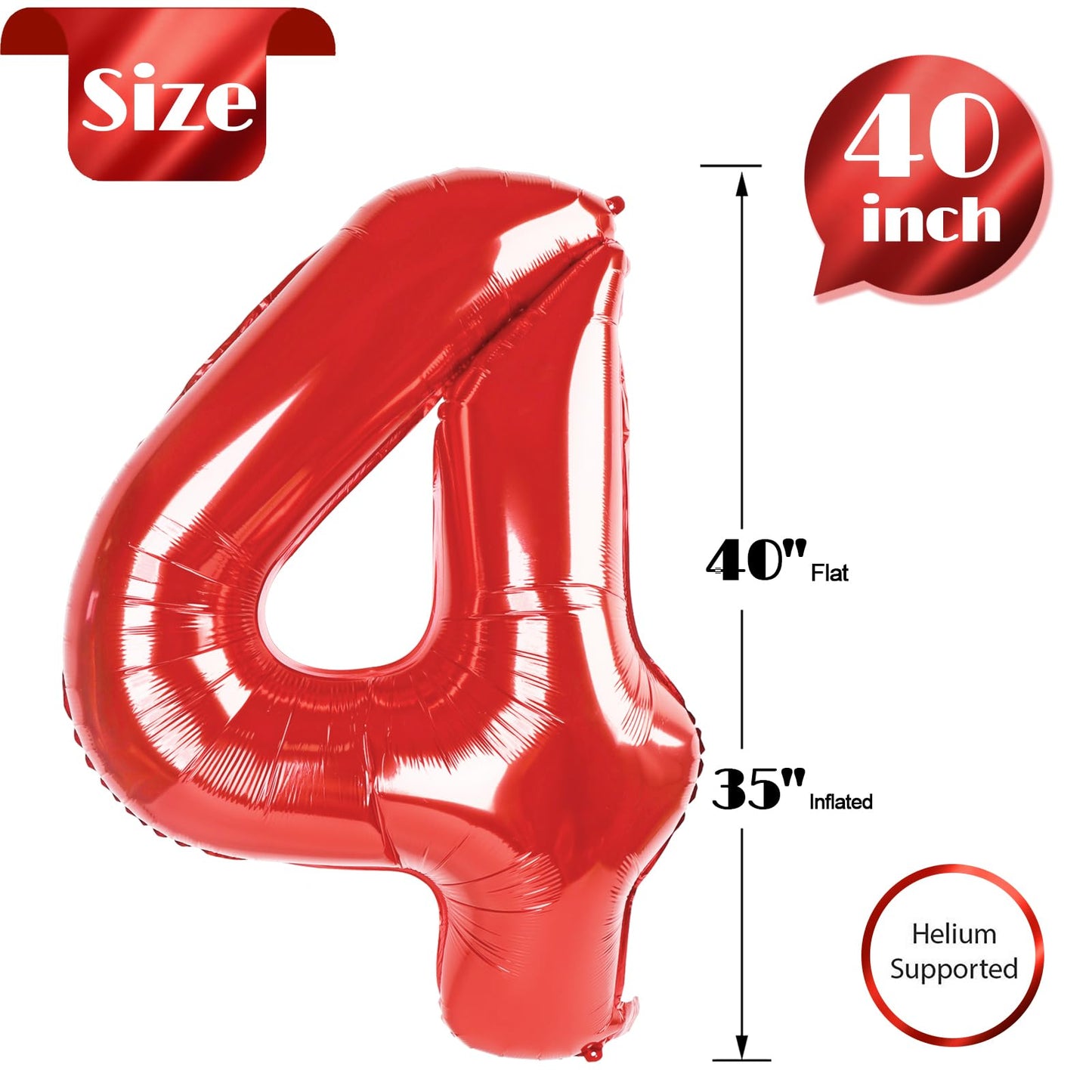 Red Number 4 Balloon 40 Inch, 4 Balloon Number, 4Th Birthday Decorations, Red Party Supplies For Boys Girls