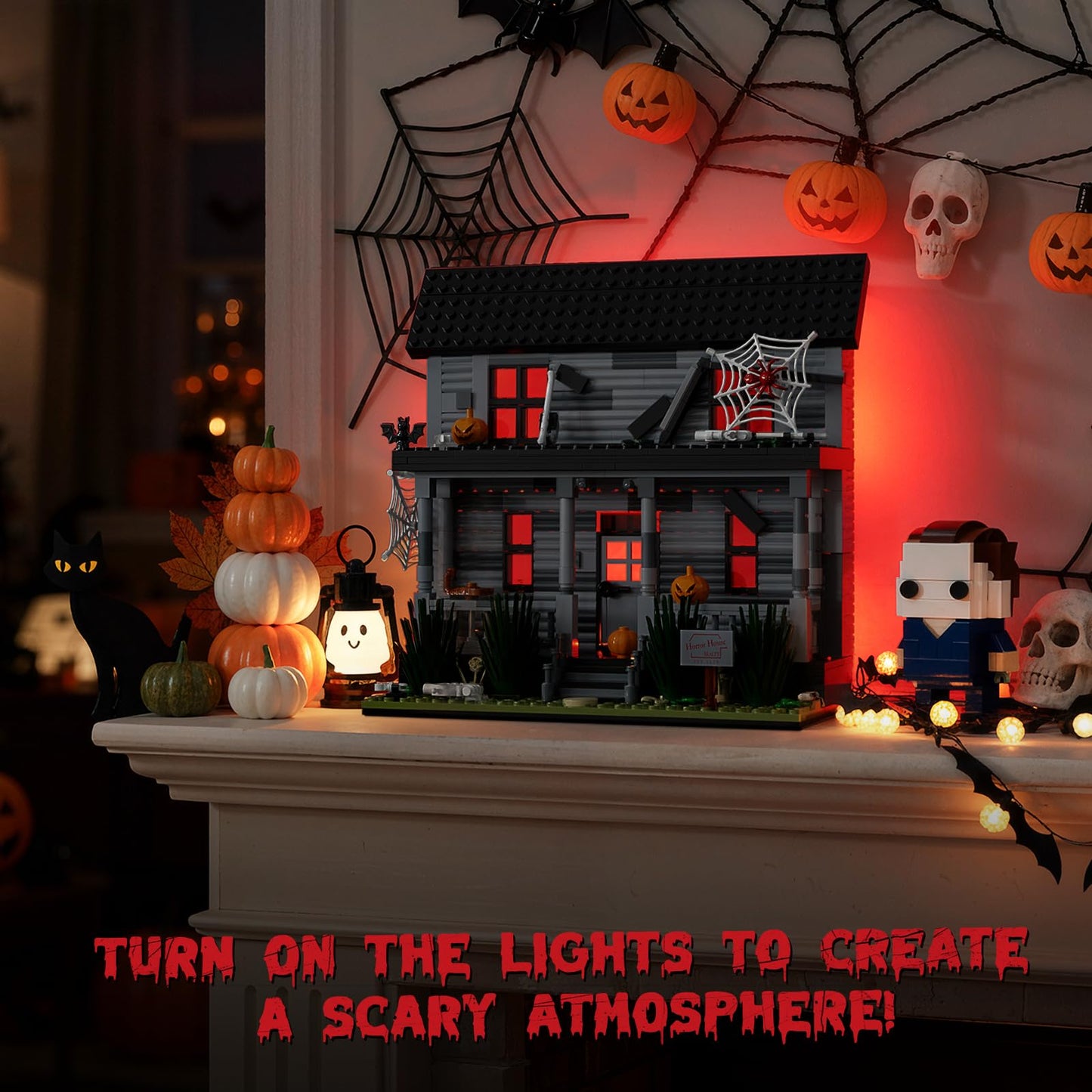 DreamCreators Horror Movie Figure & Haunted House Building Blocks Kit, LED Light, Collectible Toy, Model C1010 for Halloween Decor
