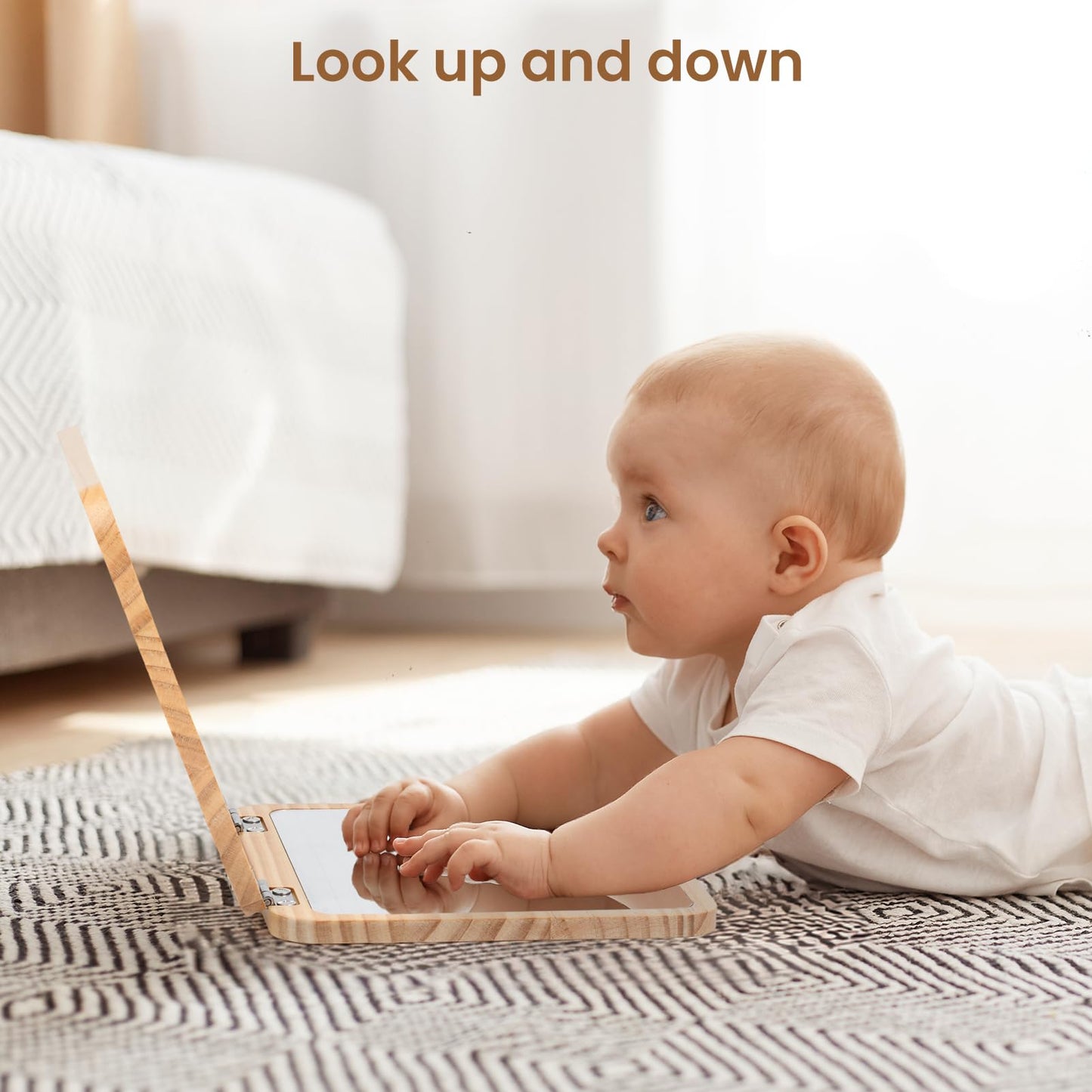Woodtoe Tummy Time Mirror - Adjustable Baby Mirror with 15 Educational Cards, Shatterproof, 7.7" Natural Wood, Model M-015O
