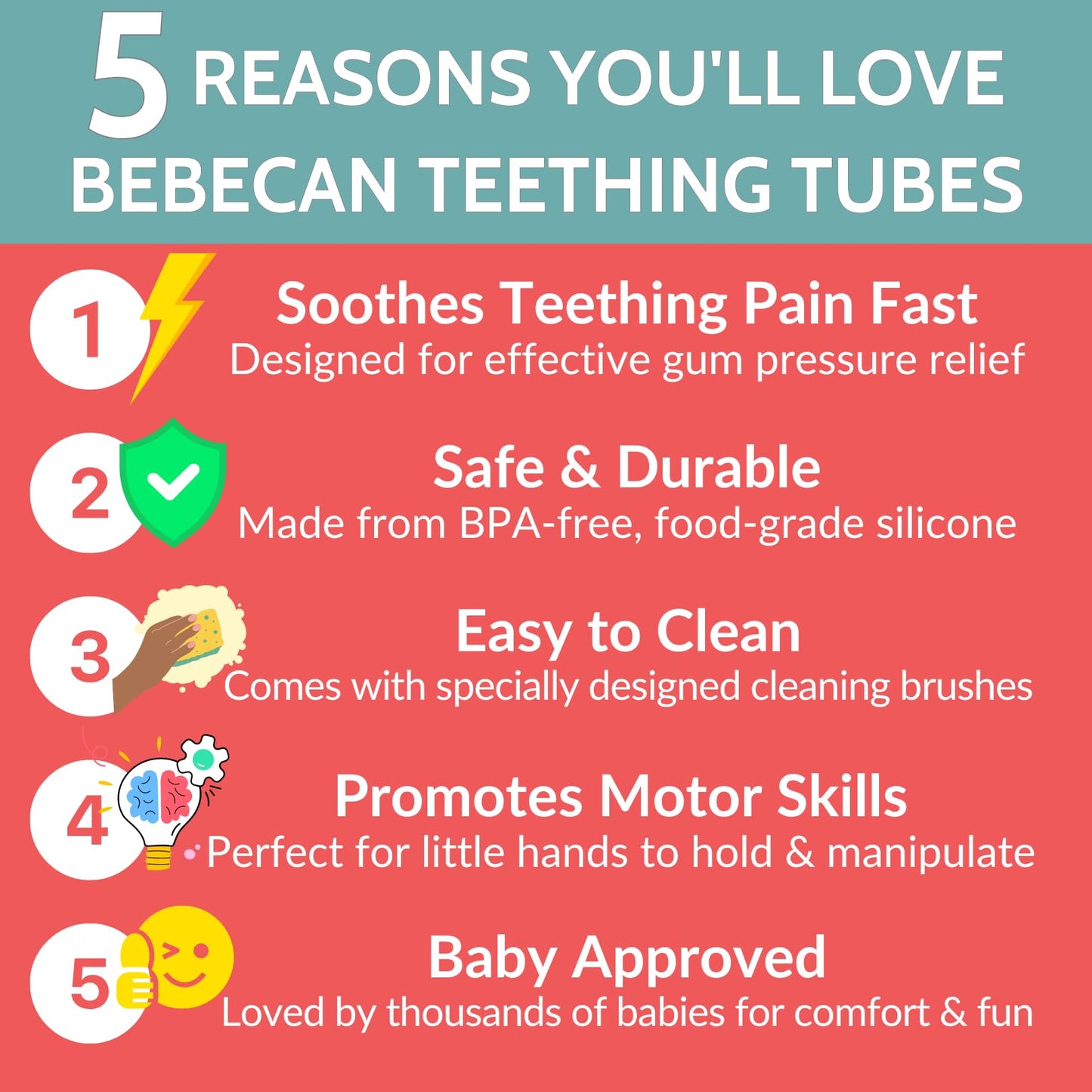 BEBECAN Teething Sticks - Soft Silicone Teethers, 6 Pack, 6.2 Inch, Multicolored, for Babies 0-36 Months