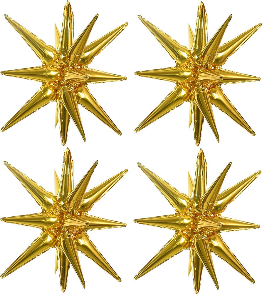 Toniful 4 Pcs 22Inch 4D Huge Gold Star Balloons Explosion Star Mylar Foil Balloons For Party Supplies Backdrop Christmas,New Yea