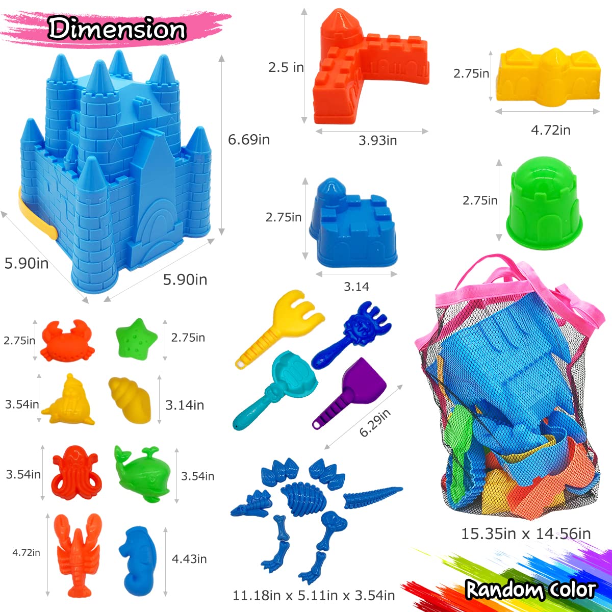 Beach Sand Toys for Kids, 27 pcs Beach Toys Castle Molds Sand Molds, Beach Bucket, Beach Shovel Tool Kit, Sandbox Toys for Toddl