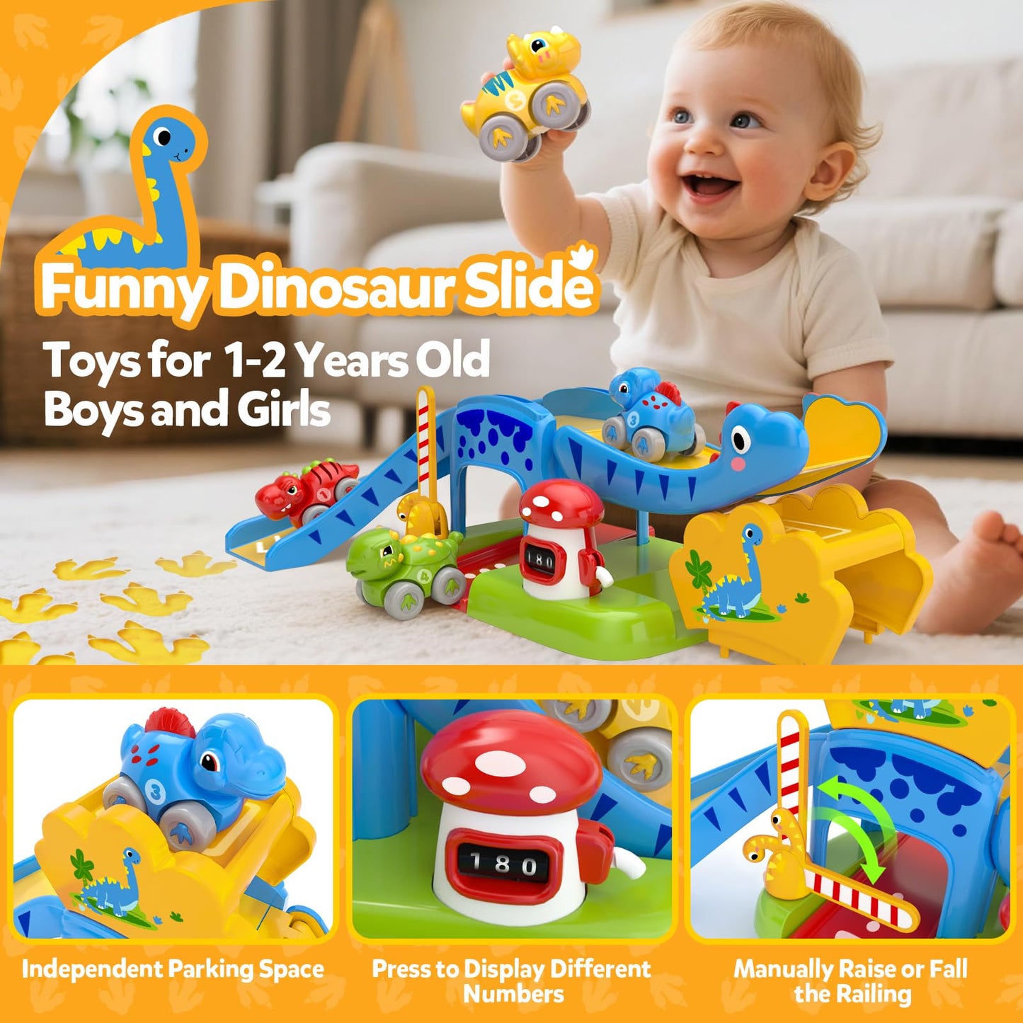 NEHEME Toddler Dinosaur Slide Set - Educational Toy with Push Cars & Playmat, Small, Plastic, Yellow/Red/Blue/Green, Model 2506B