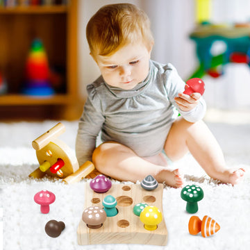 Toddler Wooden Toys For Ages 3+ - Montessori Wooden Learning Toys Fun Preschool Toys Color Sorting Mushroom Stacking Puzzle Matching Games Ideal Easter Basket Stuffers Gift For Kids Boys Girls