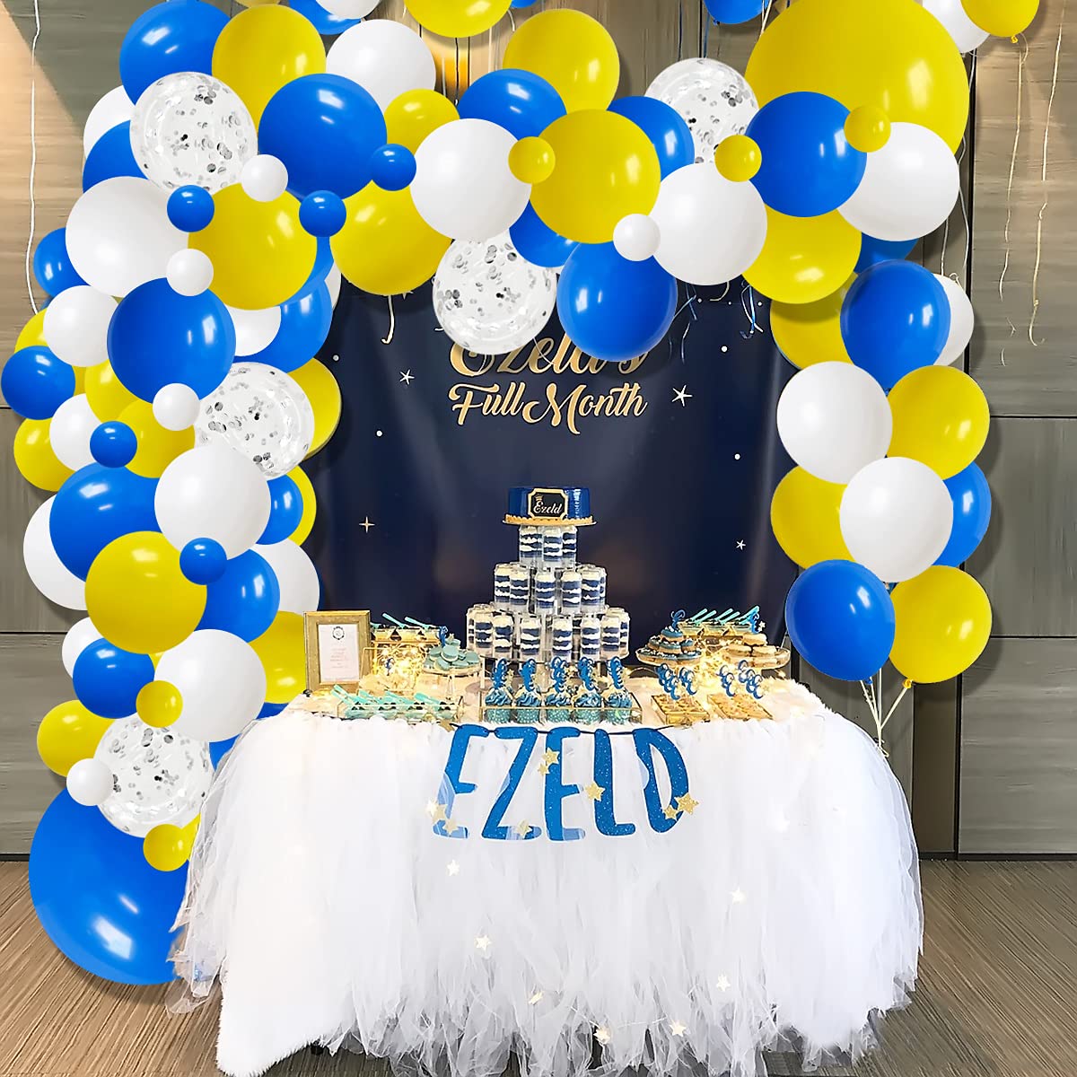 Blue Yellow White Balloon Garland Arch Kit, 116Pcs Royal Blue Yellow White Silver Confetti Balloons For Birthday Bridal Baby Sho