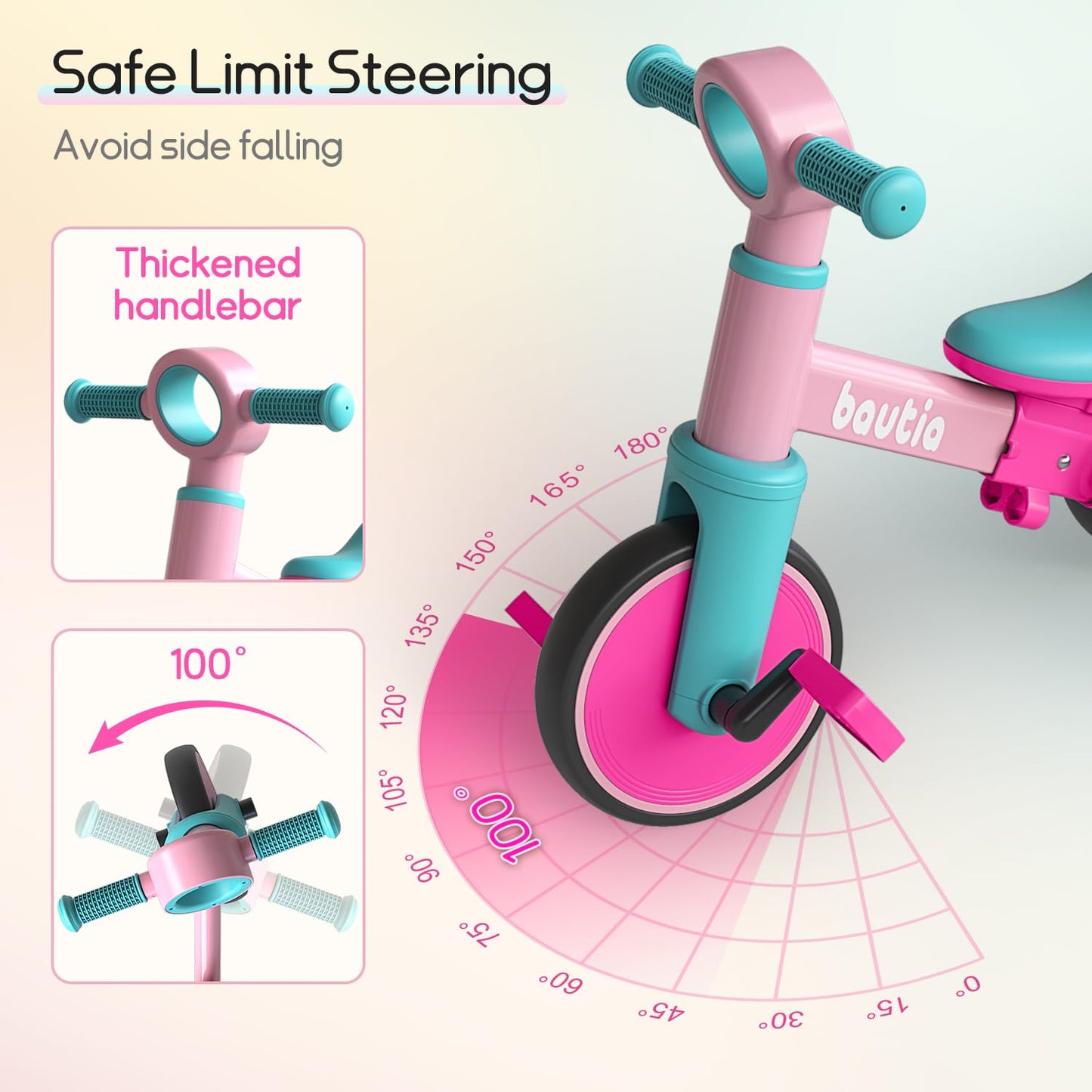 Bautia Kids Tricycle with Push Handle for Toddlers 1-4 Years Old Boys Girls Gift, 5 in 1 Baby Balance Bike for Toddlers 1-3 with