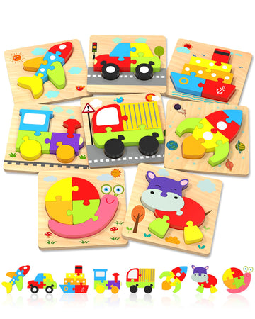 Yetonamr Wooden Toddler Puzzles Gifts Toys For 1 2 3 Years Old Boys Girls, 8 Vehicle Shape Montessori Toys Educational Blocks Kids Toys Gift Baby Learning Toy Age 1-3, 2-4