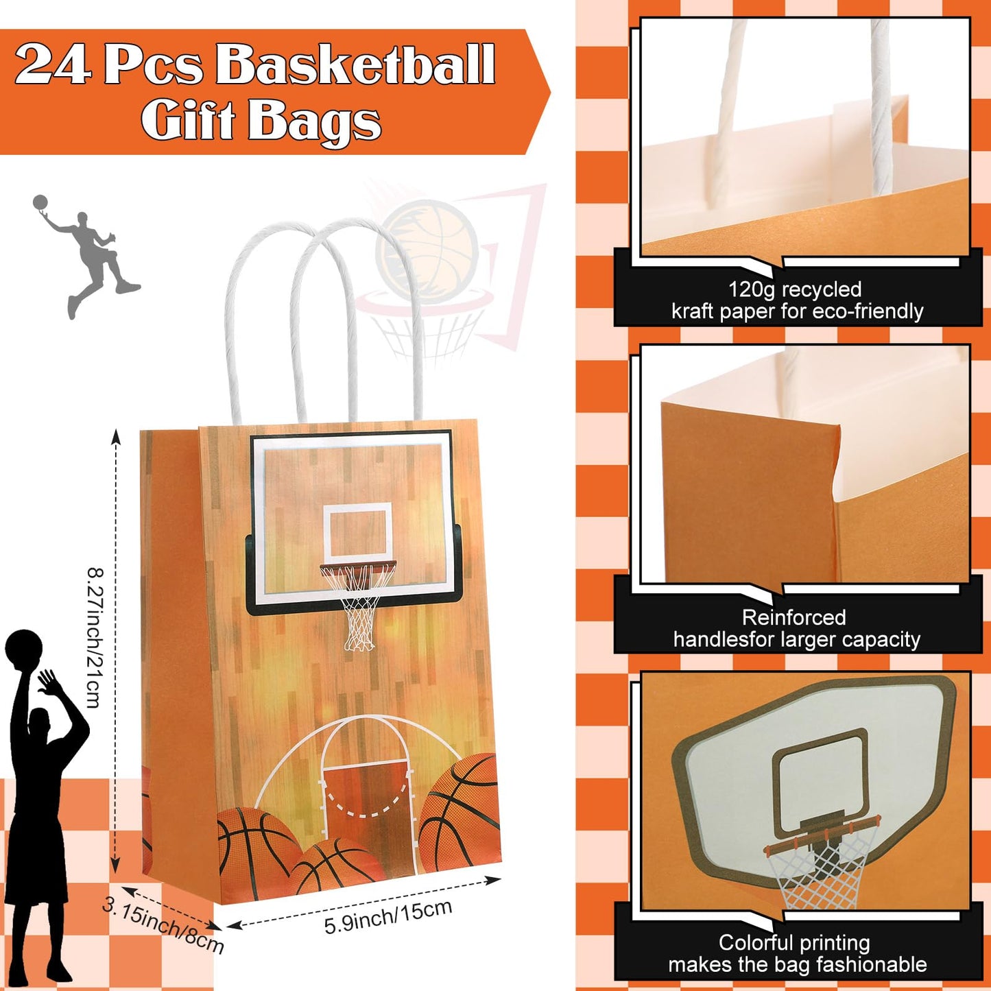 ShinyRelief 72 Pcs Basketball Party Favors Set,24 Basketball Paper Bags 24 Basketball Silicone Wristbands 24 Basketball Stress B