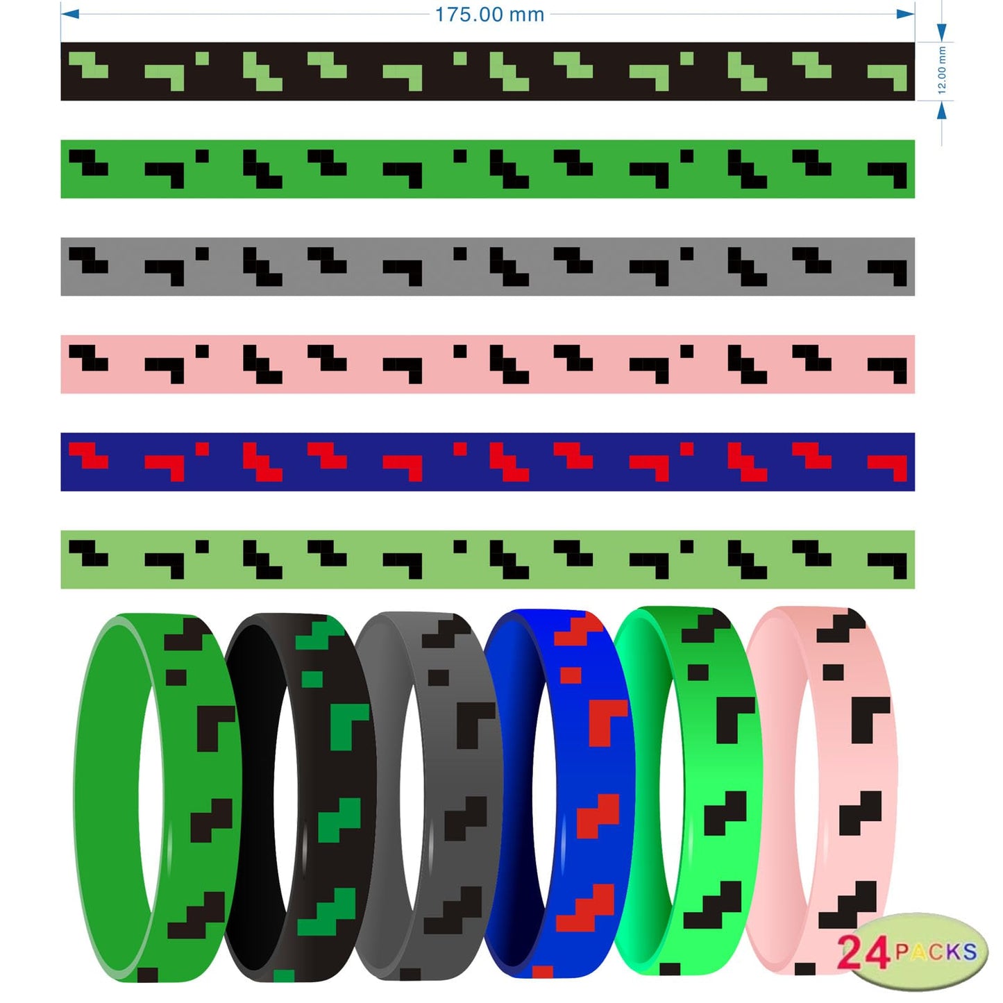 Ayinhov Pixel Miner Theme Party Favors, 24 Pieces Silicone Bracelets Wristband Small Size,Birthday Party Supplies,Valentines Day