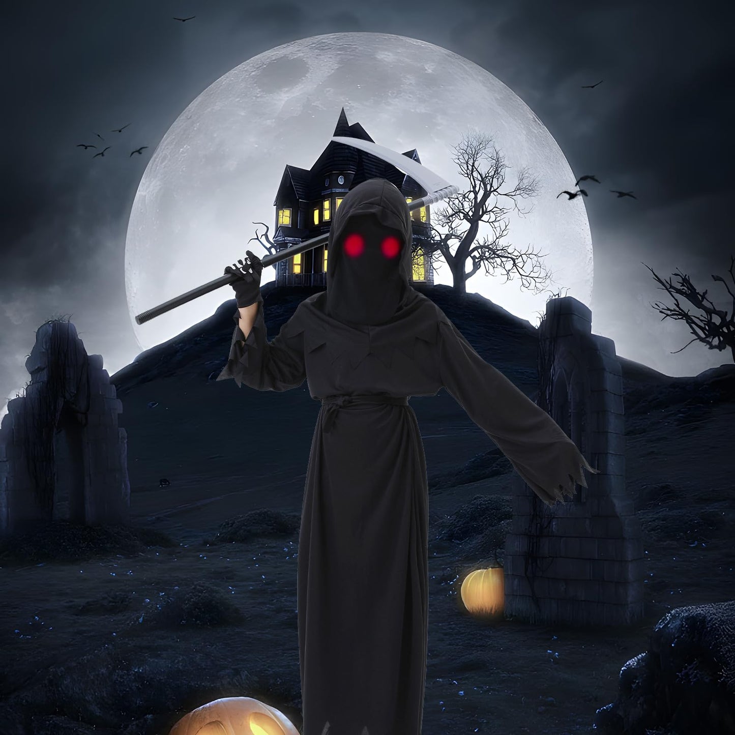 Clothand Grim Reaper Costume Kids Set, Death Scary Halloween Costumes For Kids Boys, Scary Ghost Cosplay Outfit Halloween Party