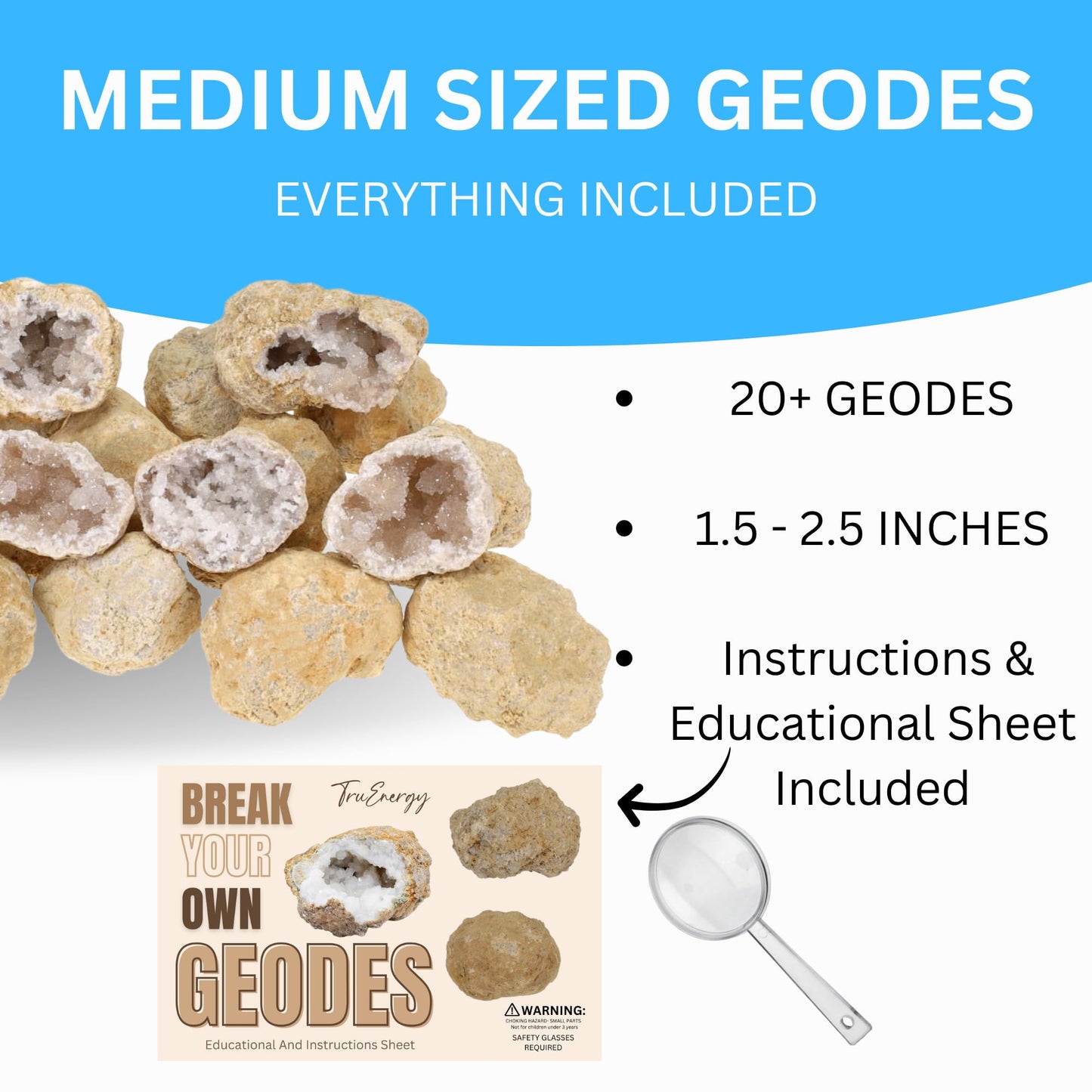 TRUENERGY Medium Break Your Own Geodes 20 (1.5 -2.5) enhanced Easy to Open Geode with Crystals - Includes Magnifying Glass and Instructions  STEM Science Kit