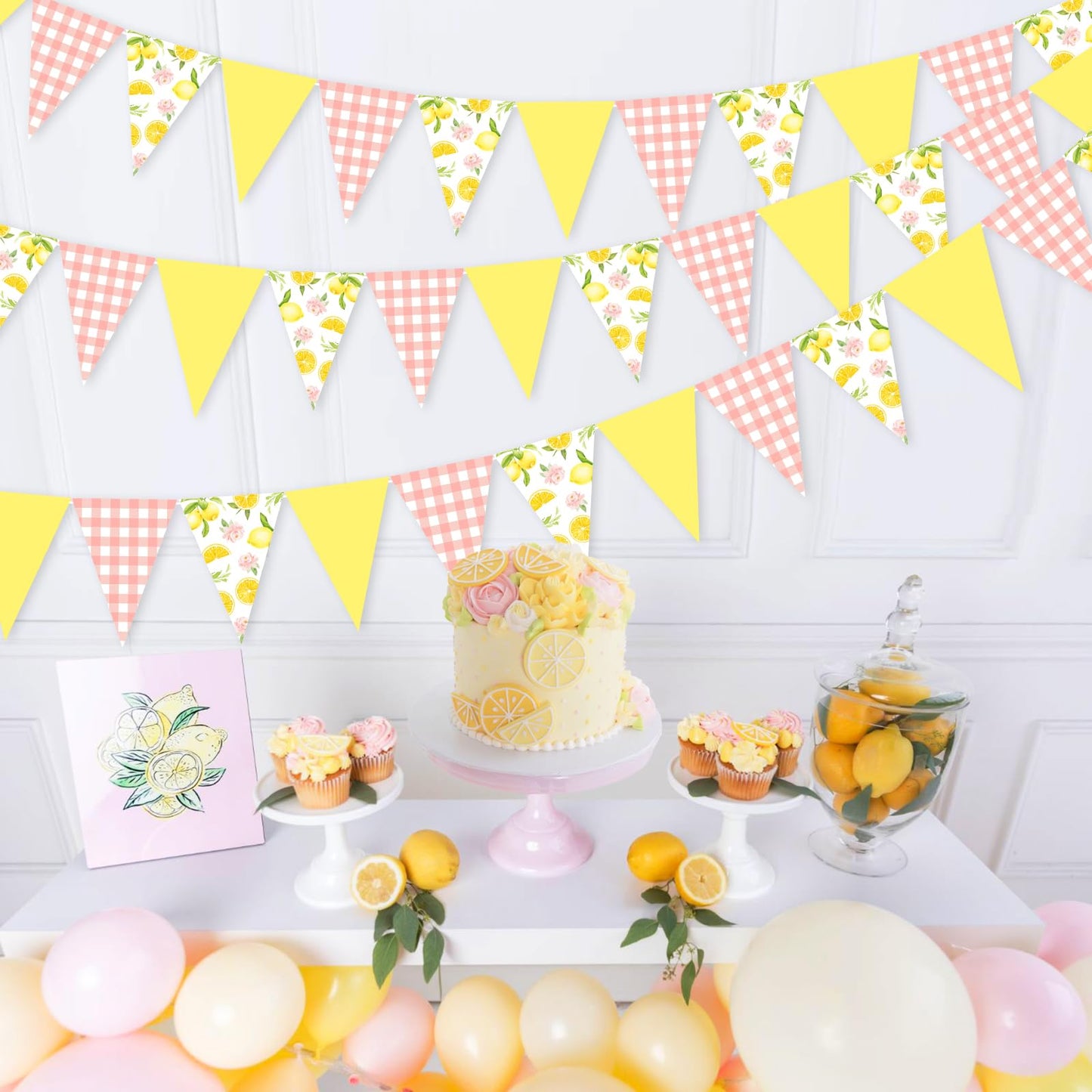 Lemon Party Decorations - 3PCS Lemon Bunting Banners, Pink and Yellow Lemon Triangle Banner Garland for Lemonade Wedding Engagem