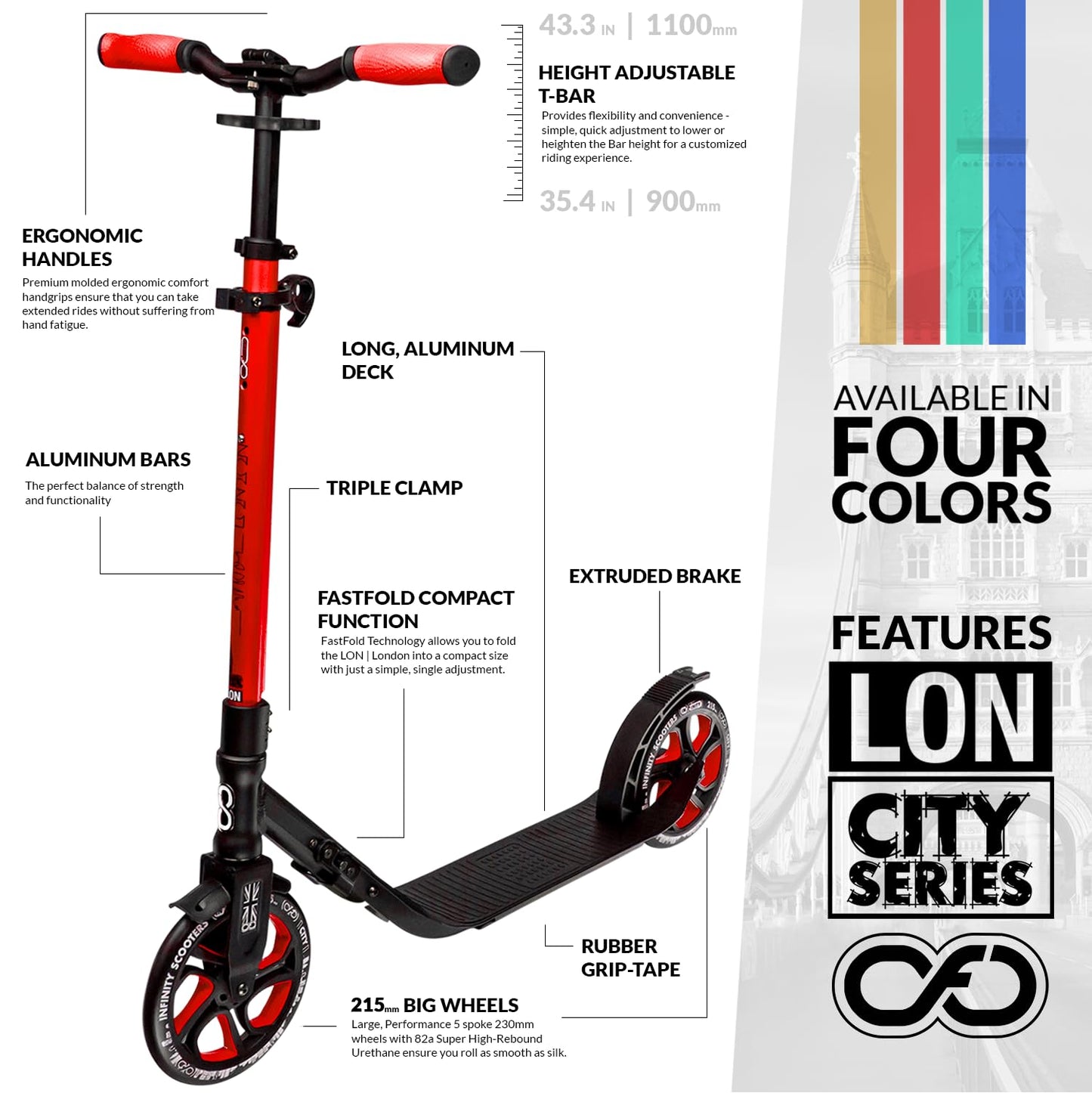Crazy Skates Foldable Kick Scooter - Kick Scooters For Adults, Teens And Kids With Carrying Strap - Fast Folding, Adjustable Handlebars And Lightweight - London Scooter (Lon) - Red