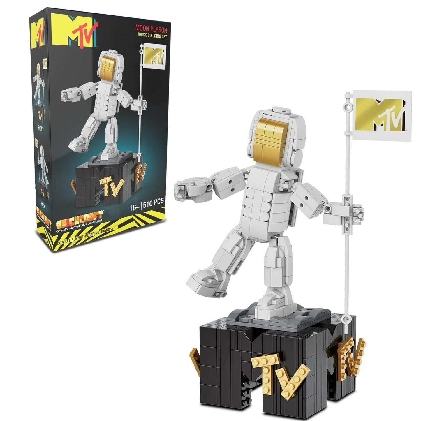 Brickcraft MTV Moon Person Building Set - 510 Pieces, White Plastic, 10.25" Tall - Officially Licensed Collectible Model for Music Fans