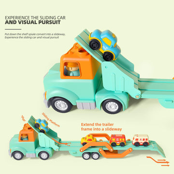 Transport Car Carrier Truck Toys for 2 3 4 5 Years Old Kids, 24 inches Foldable Track Trailer with Light & Sound Effects, 4pcs S