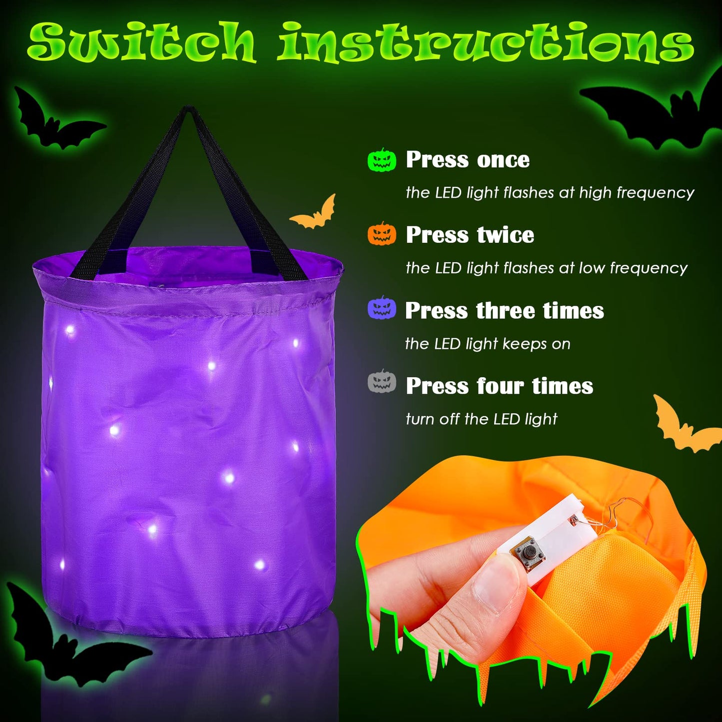 4 Pieces LED Light Up Halloween Buckets Candy Bags Light Up Halloween Trick or Treat Bags Party Favor Bags Multipurpose Reusable