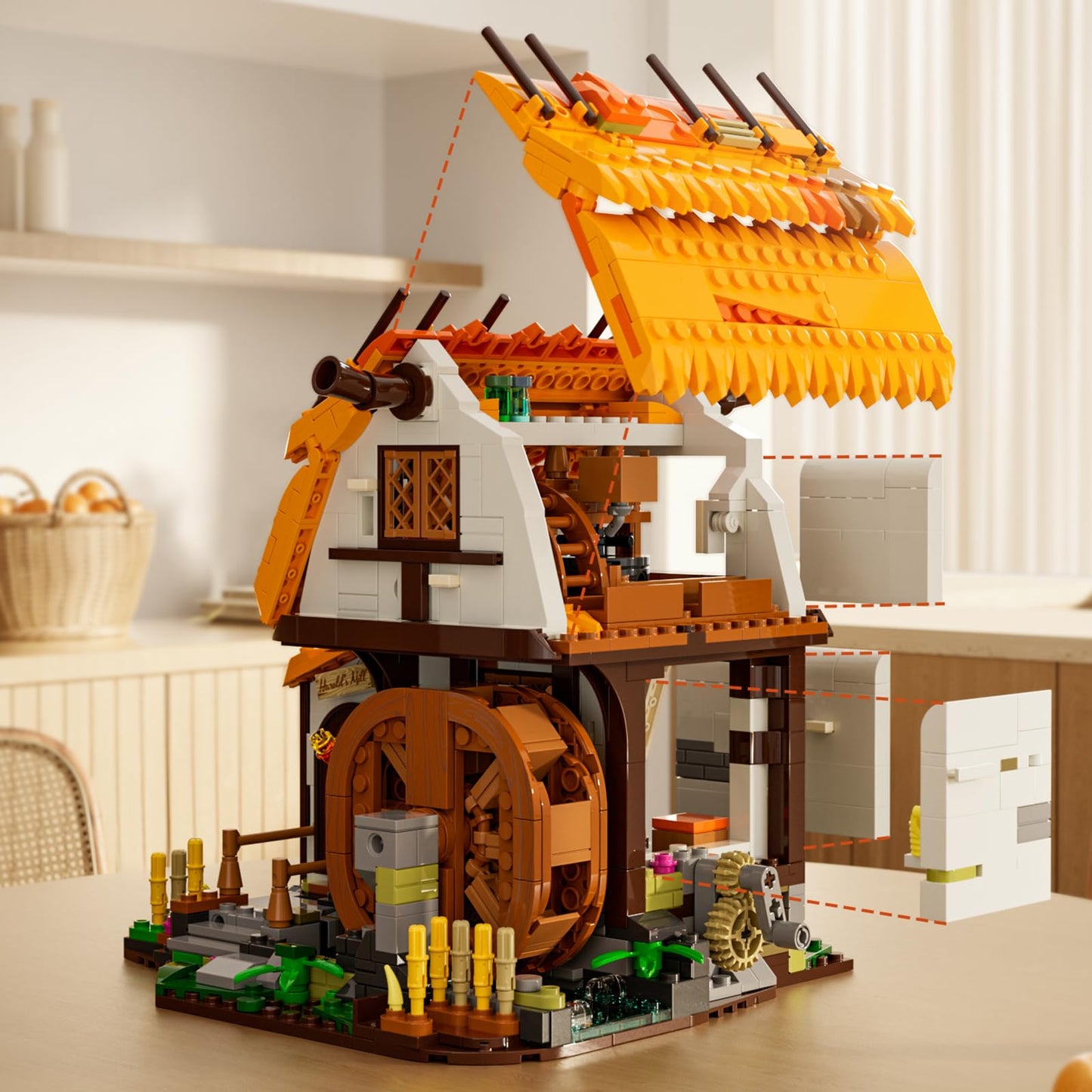 Funwhole Medieval Water-Mill Lighting Building-Bricks Set - Middle Age Milling House Collection Led Light Building Construction