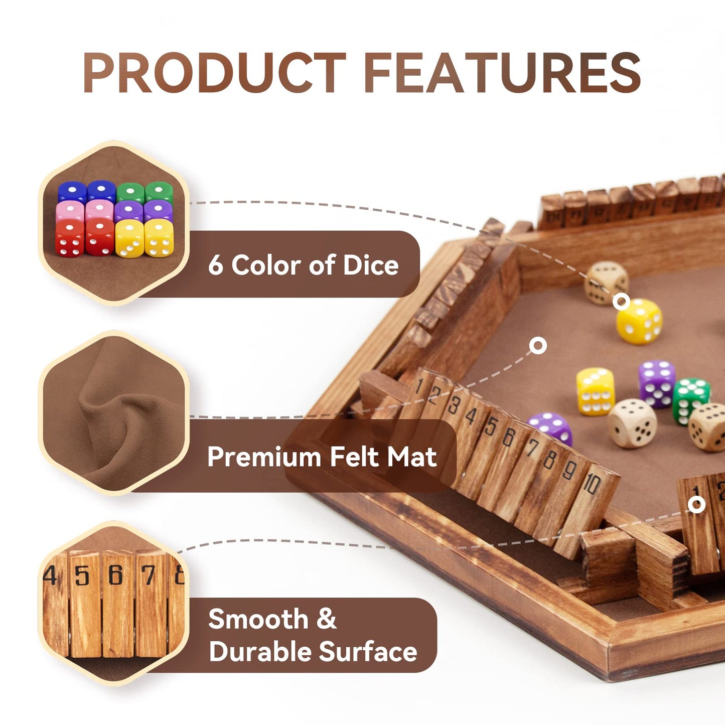 WOOD CITY Shut The Box Game for 6 Players, Wooden Math Game with 16 Dice, Family Fun for Ages 3+, Wood Color
