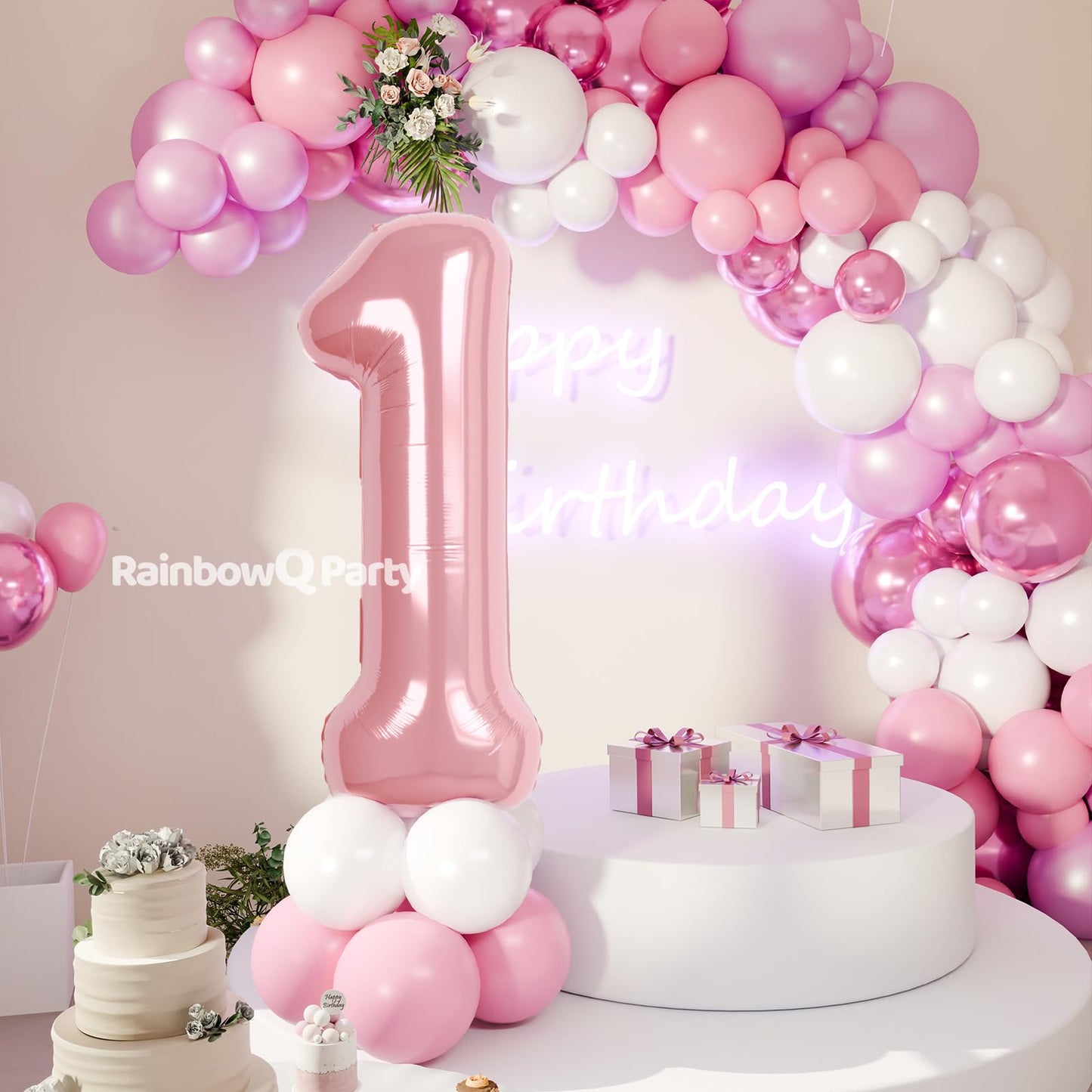 Rainbowq Party 1 Balloon Number 40 Inch For Boy Or Girl Big Pink 0-9 Foil Mylar Large 1 Number Balloon Happy 1St Birthday Party