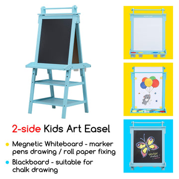 Meeden Art Kids Wooden Easel: Double-Sided Solid Pine Wood Art Easel With Paper Roll - Kids Art Easel With Chalkboard & Magnetic Whiteboard For Boy & Girls Gift - Blue