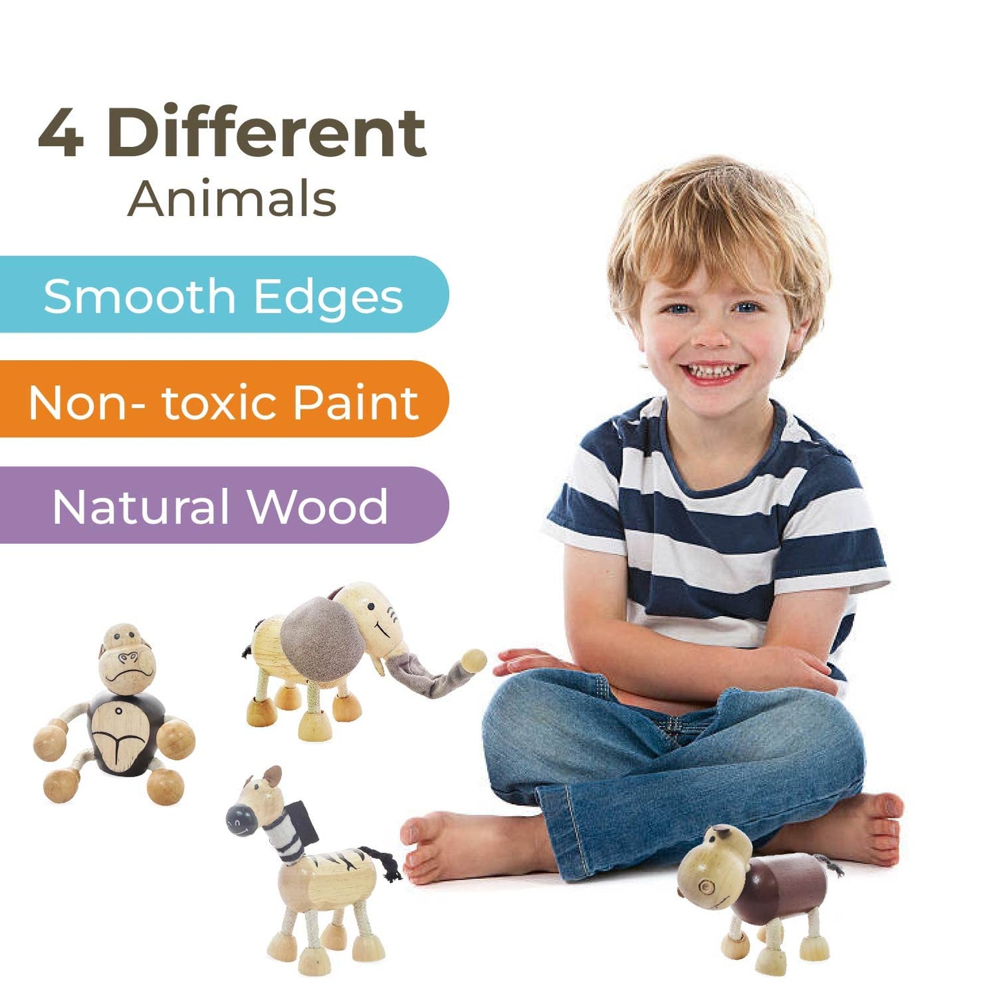 TEKOR Wooden Bendable Jungle Animal Toys (Set of 4) | Ages 3 & Up | Early Education Toy Animals for Kids | Elephant, Zebra, Hipp