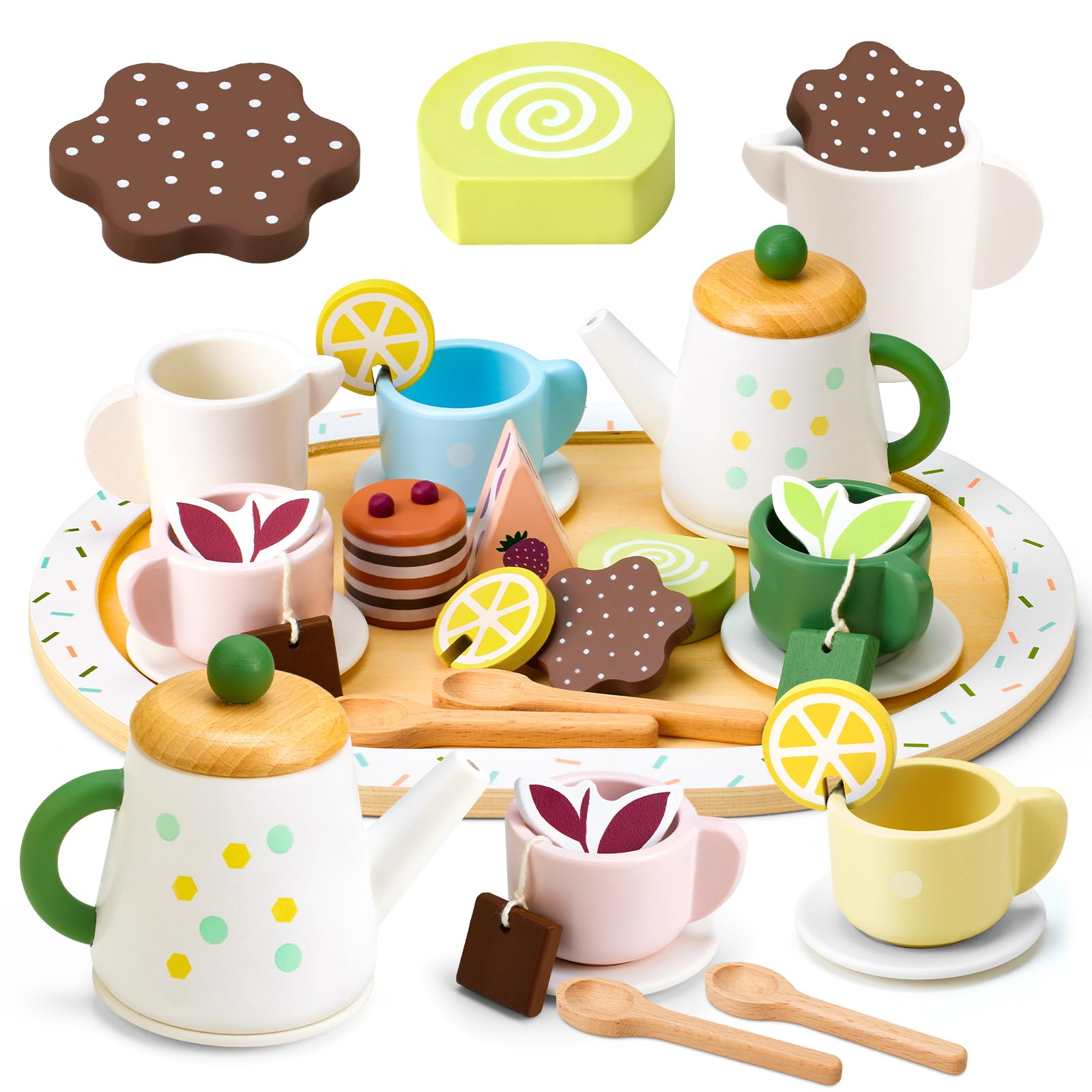 WHOHOLL Wooden Tea Party Set for Little Girls Play Food, Toddler Girl Toys Play Kitchen Accessories with Teapot Tea Cup Dessert 