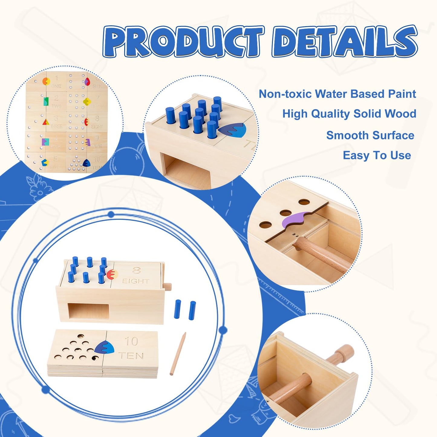 Montessori Toddler Counting Peg Board Box With Number- Wooden Counting Box Toys For Toddlers 1-3,Math Manipulatives Materials And Numbers,Montessori Toys For 3 Year Old,Large Size 10.8' X 4.9 'X 3.9'