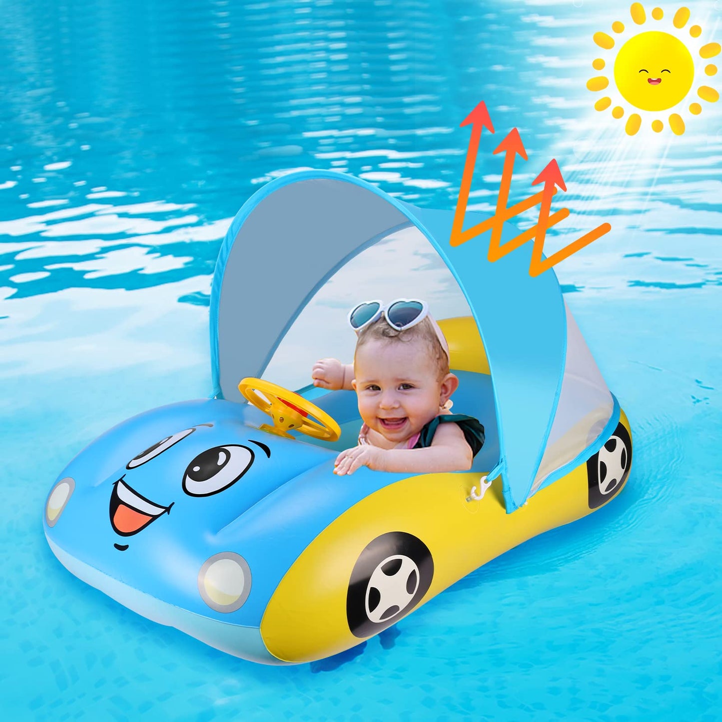 Baby Pool Float With Upf50+ Adjustable Canopy, Inflatable Baby Car Pool Float Boat Baby Swim Float Toddler Pool Float Kids Baby Float Toddler Floaties Infant Pool Float Toys For Baby 18-36 Months