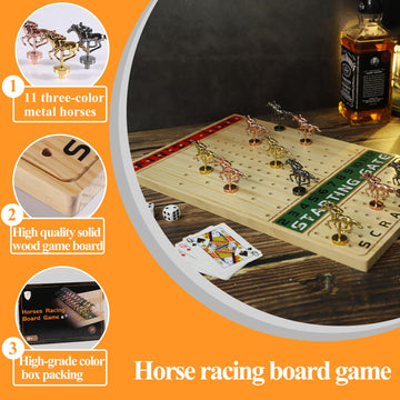 Grhonior Horse Racing Board Game With 11 Luxury Metal Horses Thickened Wood Game Board Including Dice And Cards Finish Line Race