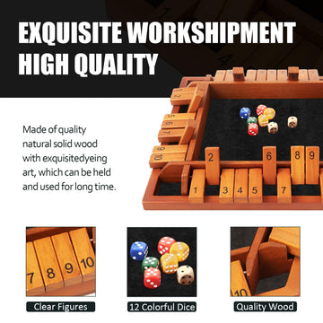 Tooybing Upgraded 1-4 Players Shut The Box Dice Game, Wooden Board Table Family Game For Kids And Adults With 12 Dice, Classic T