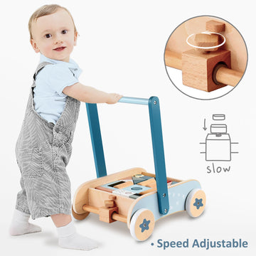 Pairpear Wooden Baby Walker, Baby Push Walker, Montessori Walker Toy With Building Blocks, Adjustable Speed Baby Block Walker Toys For For 1 Year Old And Up Boys And Girls Gift