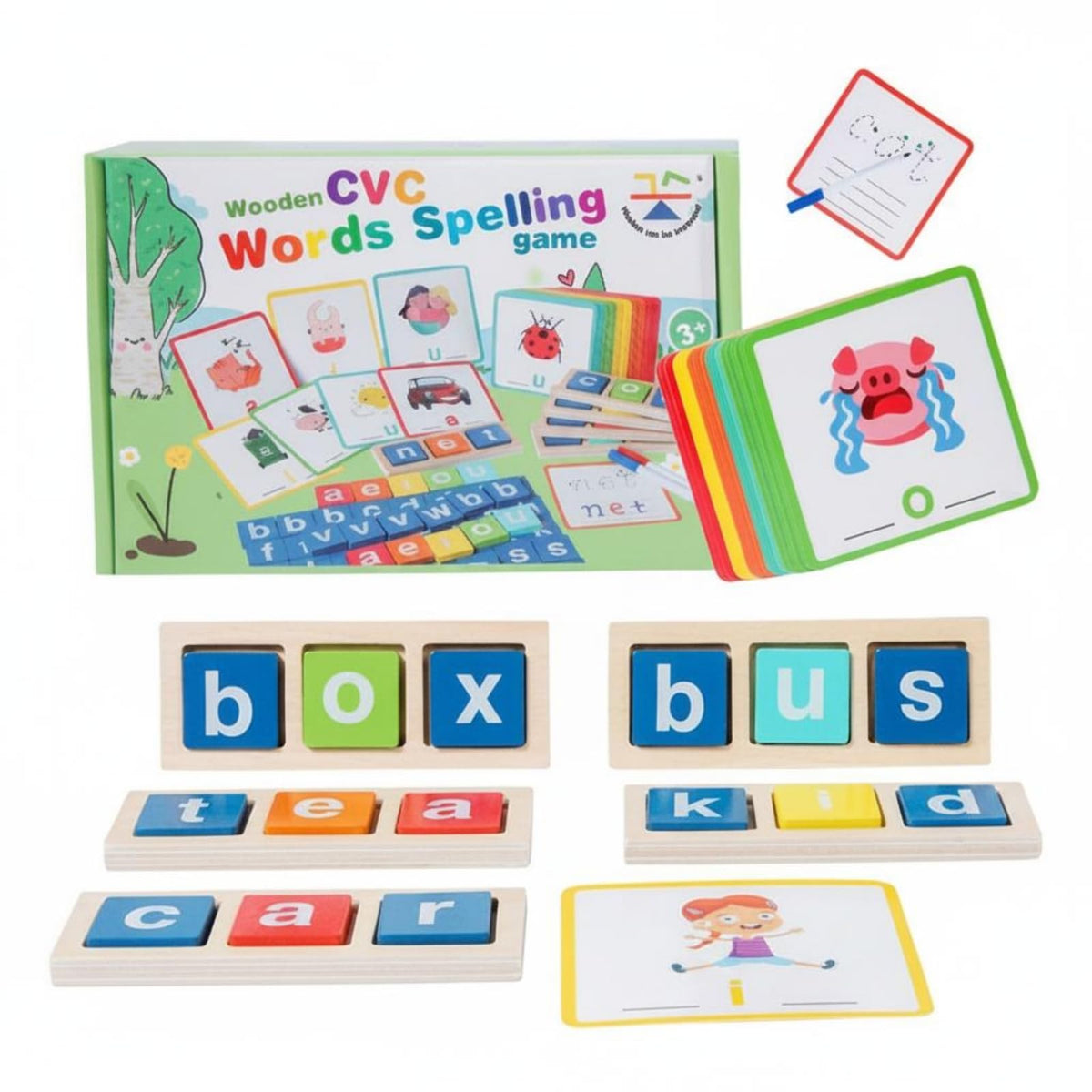 URJIX Wooden Picture Card Spelling Set Colorful Printed Spelling Toy Word Recognition Letter Block Game Early Literacy for Child