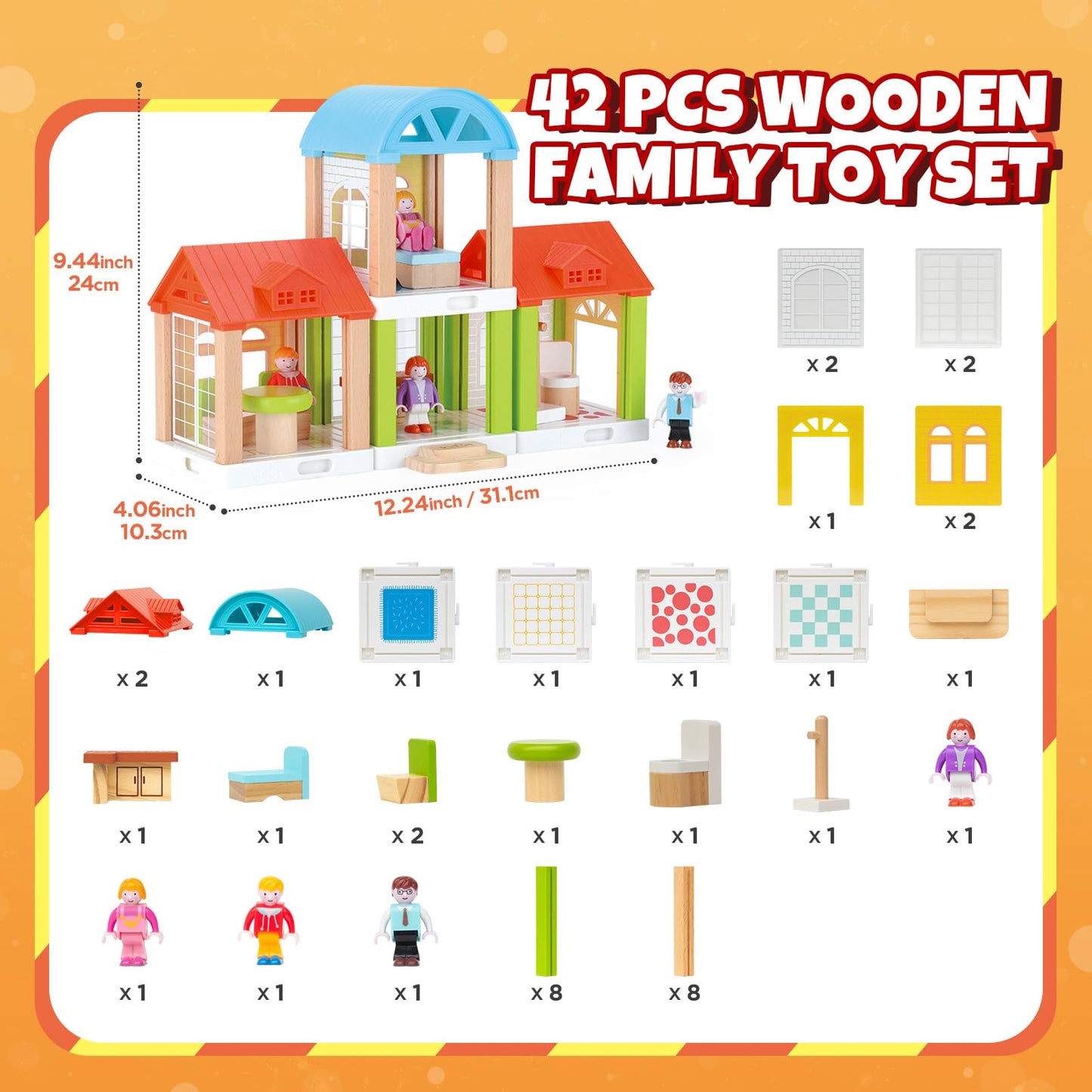 42-Piece Small Wooden Dollhouse Set, 4-Room Family Toy House With 4 Movable Dolls, Diy Doll House Furniture Accessories, Birthday For Kids Ages 3-8 (12.24' L X 4.06' W X 9.44' H)