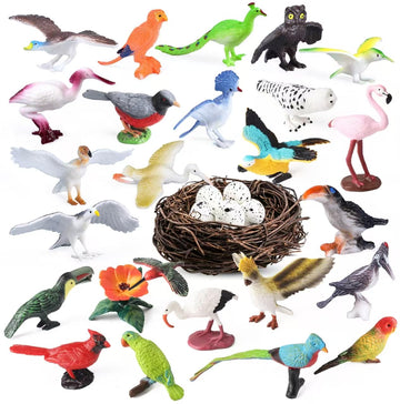 30Pcs Birds Animal Figures Playset Assorted Realistic Bird Wildlife Toys with Nest Eggs Parrot Owl Eagle Hummingbird Flamingo for Kids Educational Birthday Cake Decoration Party Favor School Projects