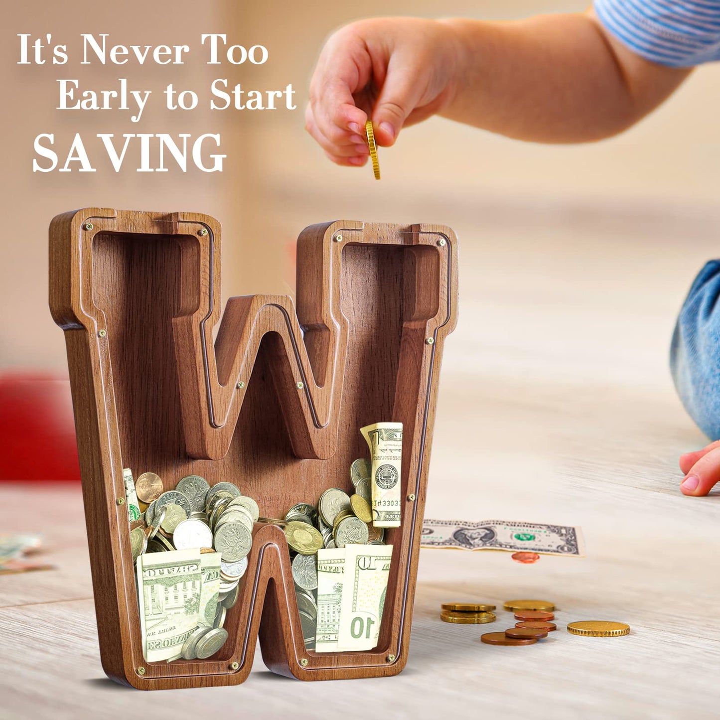 Summidate Large Wooden Piggy Bank For Kids Adults, Alphabets Letter A-Z Piggy Bank For Boys Girls, Coins Bills Change Bank Box P