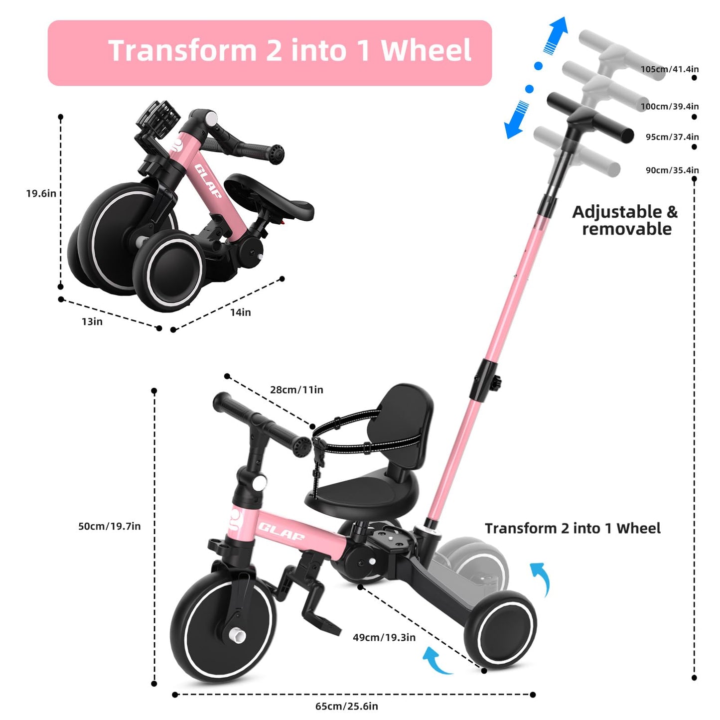 Glaf Toddler Bike, Folding Toddler Tricycle For 1-4 Year Old With Push Handle, Balance Bike, 6 In 1 Trike With Removable Pedals