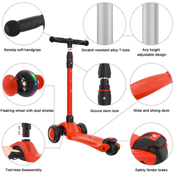 Allek Kick Scooter B03, Lean 'N Glide 3-Wheeled Push Scooter With Extra Wide Pu Light-Up Wheels, Any Height Adjustable Handlebar