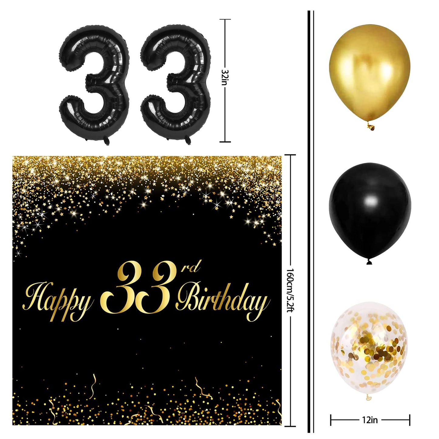 Happy 33Nd Birthday Balloons Black Set Decor - Cheers To 33 Years Old Party Theme Garland Banner Backdrop Decorations For Women
