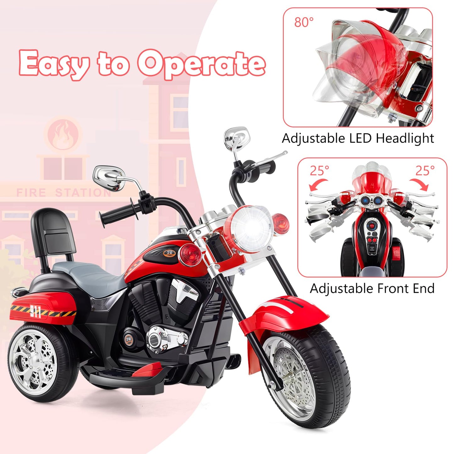 Costzon Kids Motorcycle, 6V Battery Powered Ride On Chopper Motorcycle W/Horn, Headlight, 3-Wheel Stable Ride On Toys, Electric