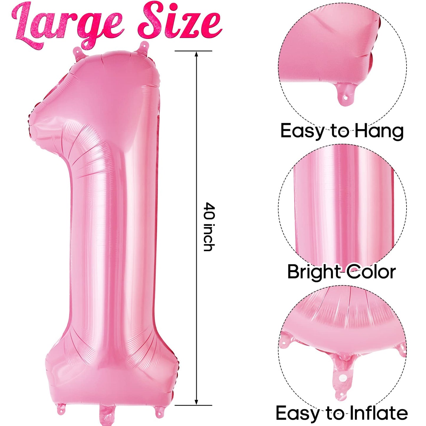 Pink Number 1 Balloon 40 Inch, Big Large Foil Helium Number Balloons, Jumbo Giant Mylar Number 1 Balloons For 1St First Birthday