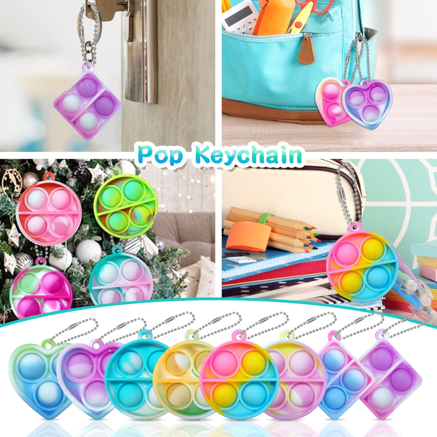 ONKULL Pop Fidget Keychain 90 Pack - Mini Sensory Fidget Toys for Kids 4-12, Colorful Party Favors & Classroom Prizes
